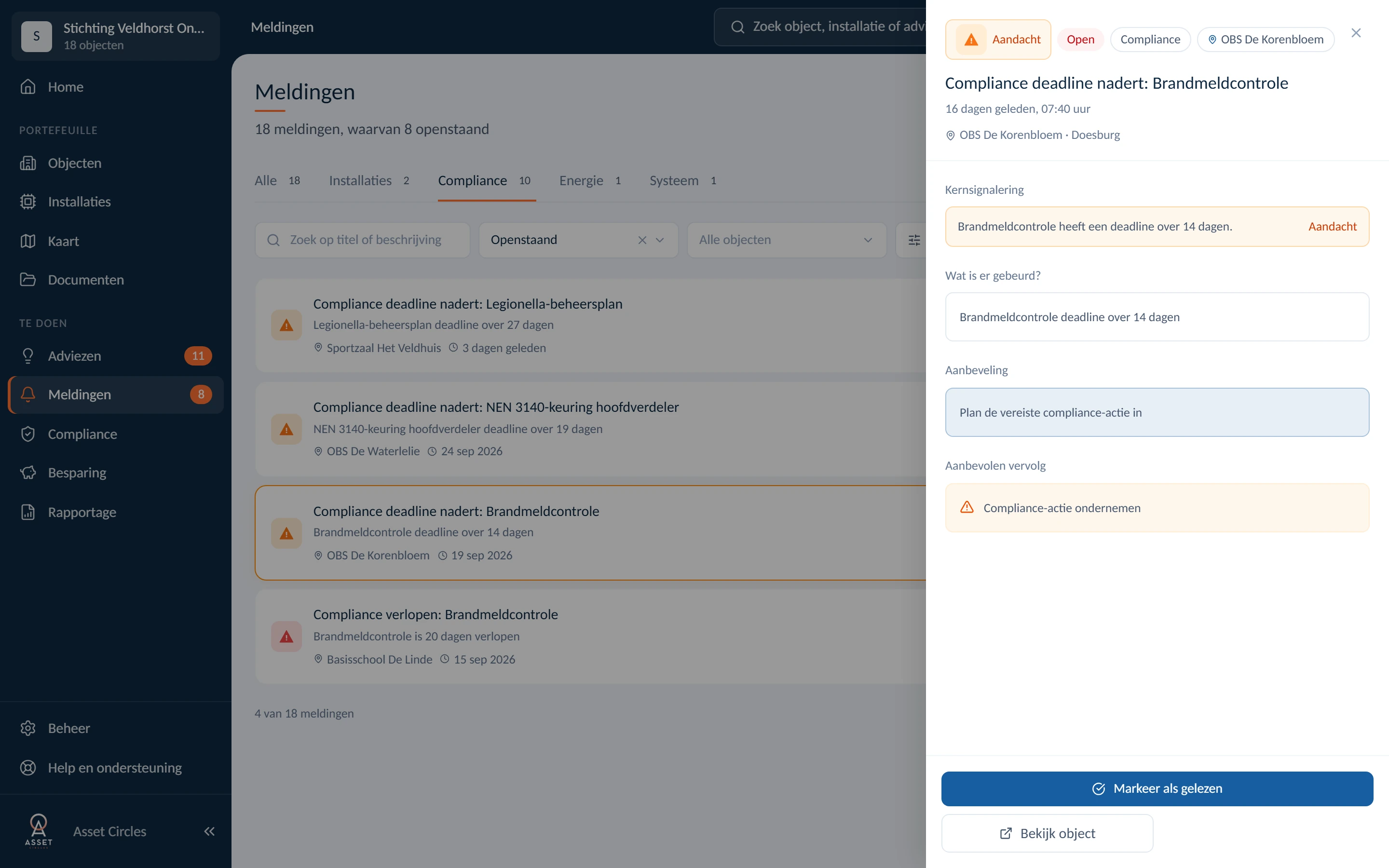 Melding dat een keuring binnenkort afloopt, met aanbeveling, fictieve demo-organisatie