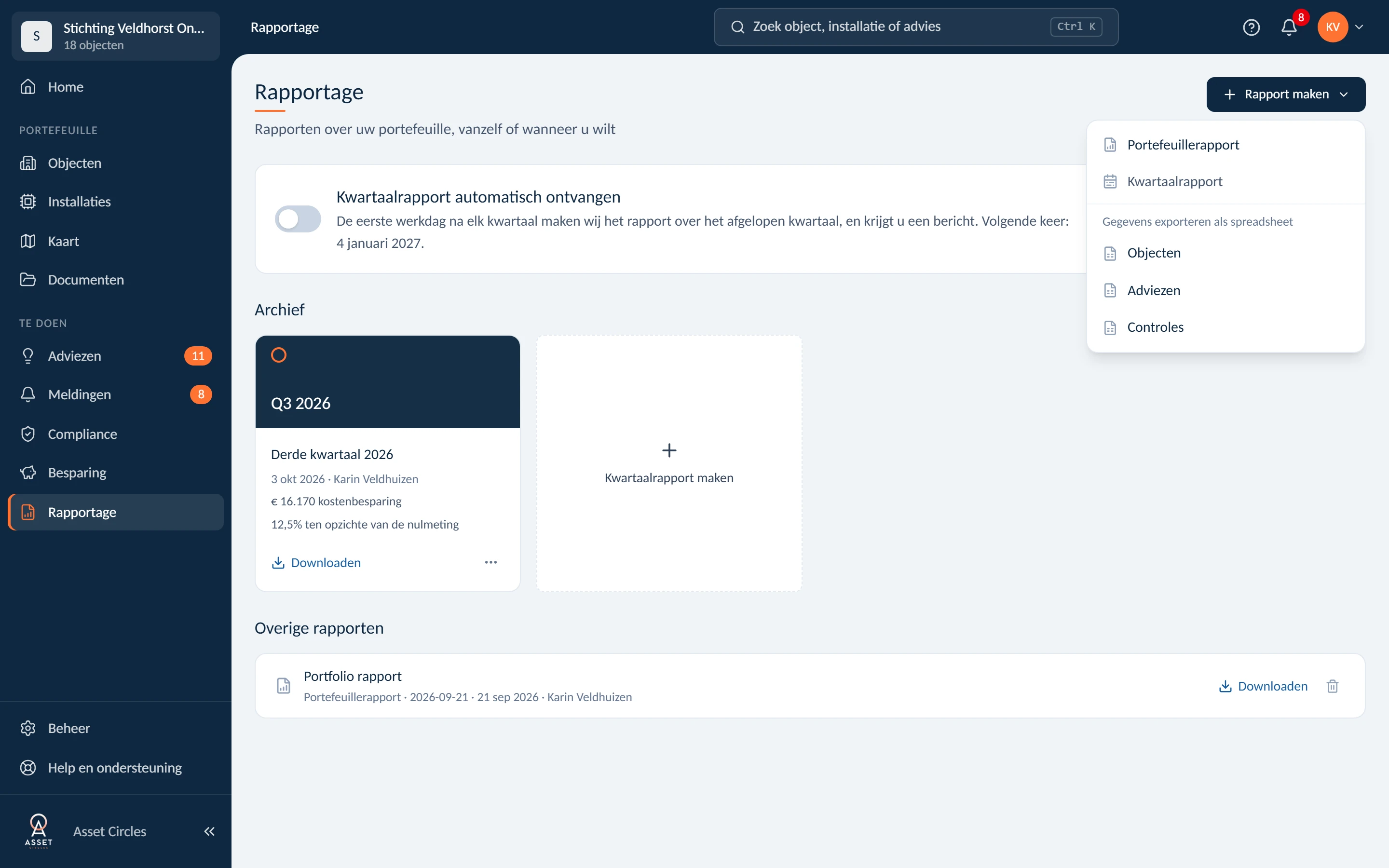 Rapportage met archief en het menu Rapport maken, fictieve demo-organisatie